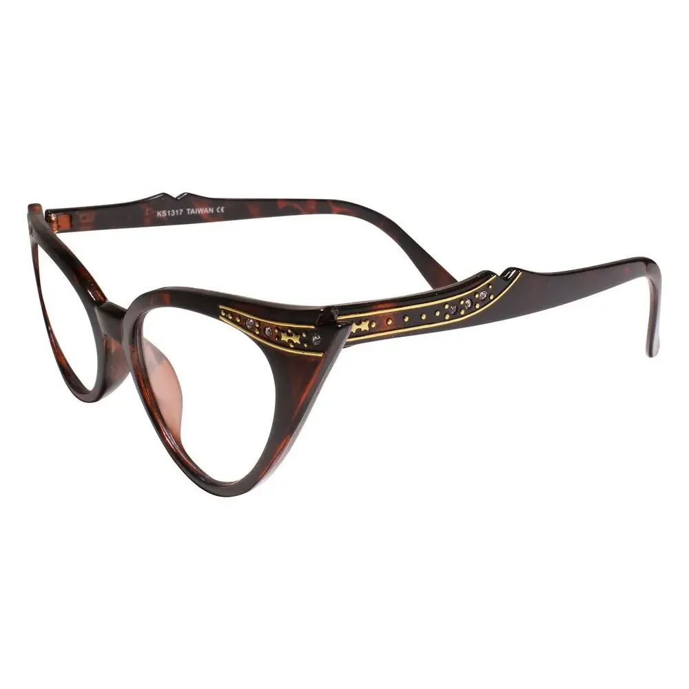 Womens Tortoise Cat Eye Clear Lens Glasses Gold Rhinestone Retro